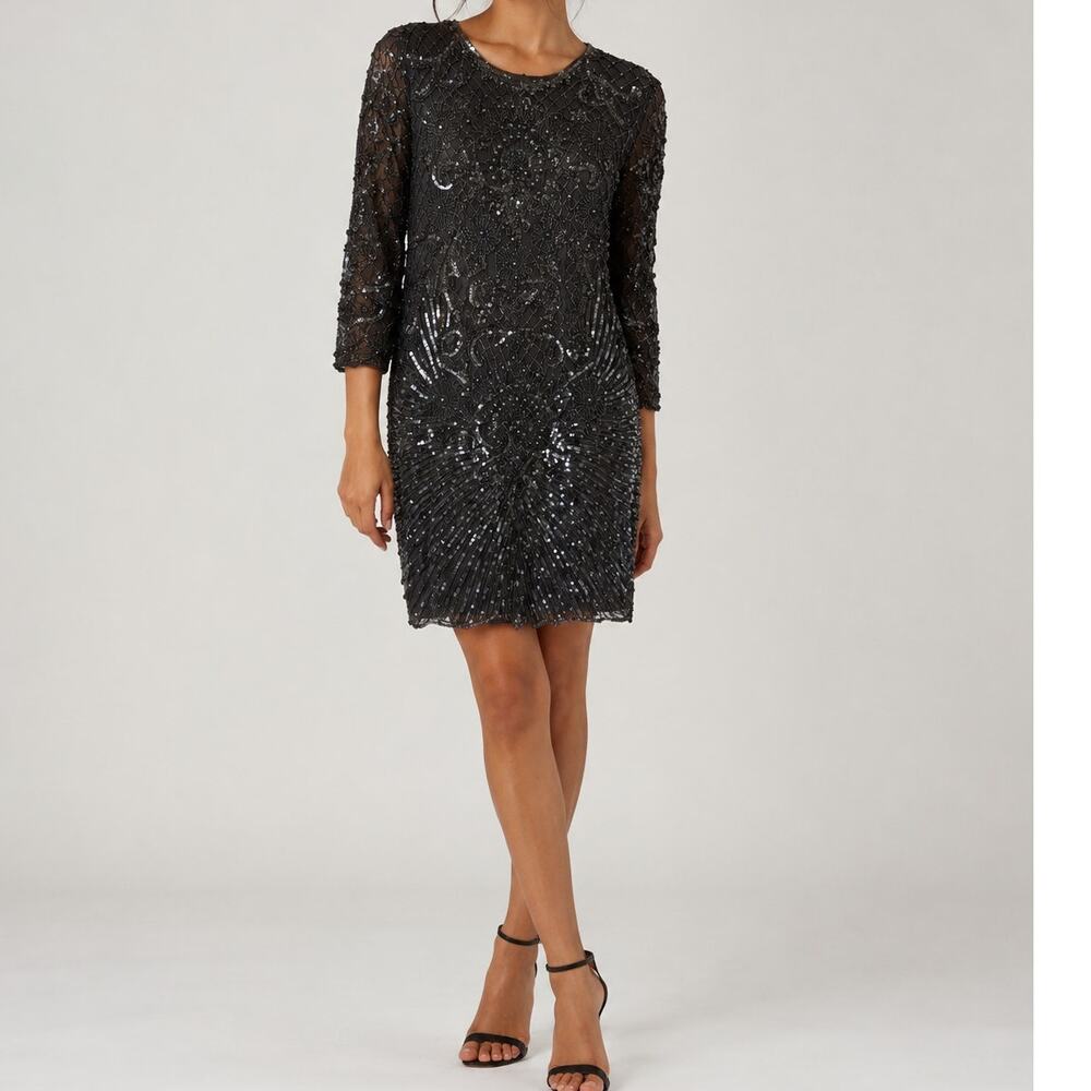 Vintage SWEELO Silk Beaded Sequin Dress Black Art Deco Cocktail Party M